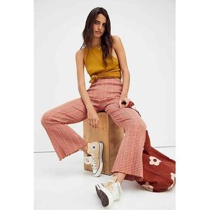 Free People Fine Line Pants in Rust Plaid Flare Size Small